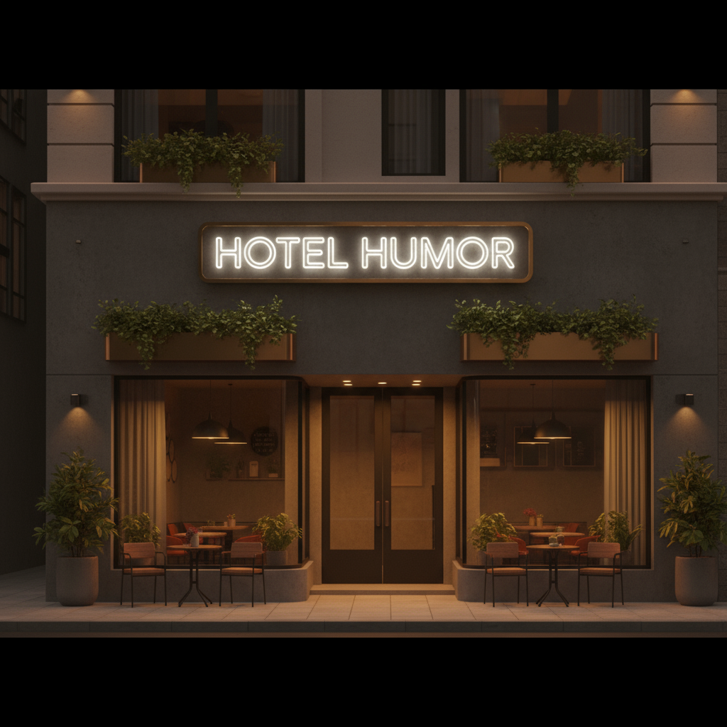 Neon sign for 'Hotel Humor' on a building facade with outdoor seating area.