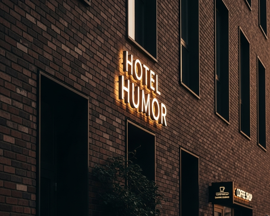 Brick building with 'Hotel Humor' neon sign