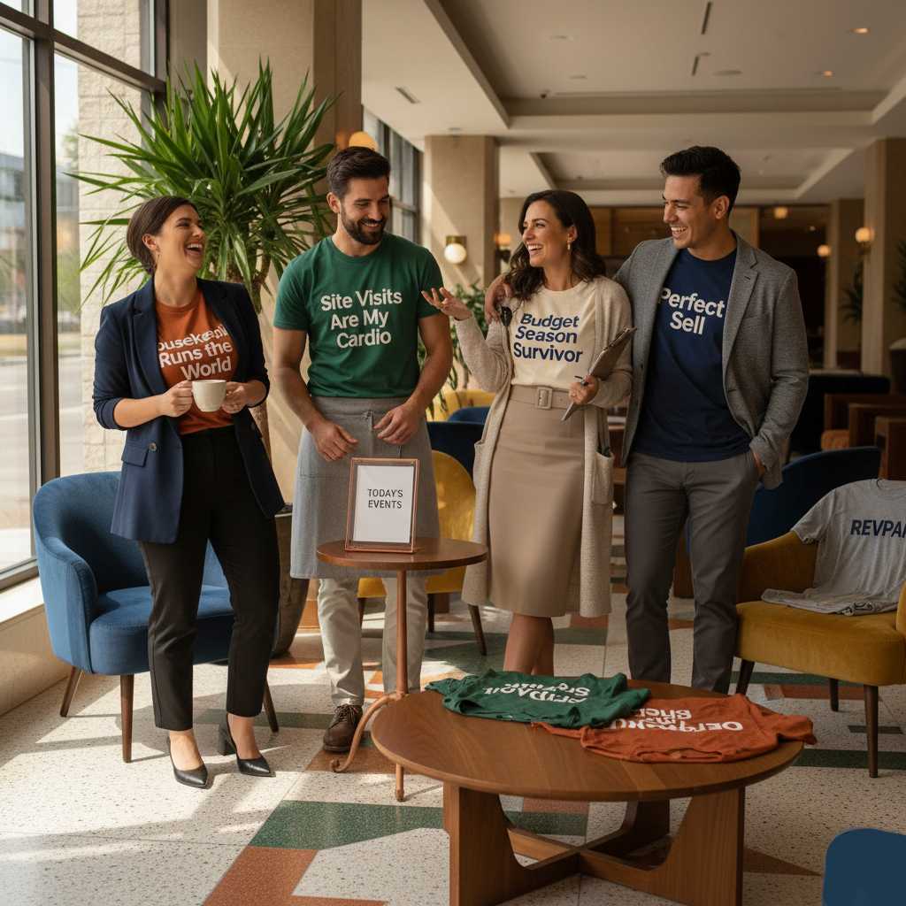 Four people standing in a modern office space with t-shirts on displaying various phrases.